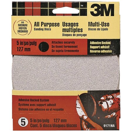 3M 5" Press 'n Sand Sanding Disc, Adhesive Back, 80-Grit Medium, PK 5 9171